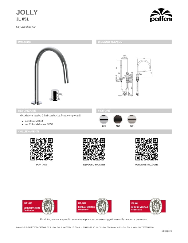 Rubinetto Miscelatore Lavabo 2 Fori con scarico e bocca Fissa Paffoni Jolly Nero Opaco JL051KNO