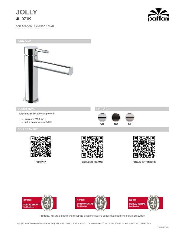 Rubinetto Miscelatore Lavabo con Scarico Clic Clac Paffoni Jolly Steel Looking Spazzolato JL071KST