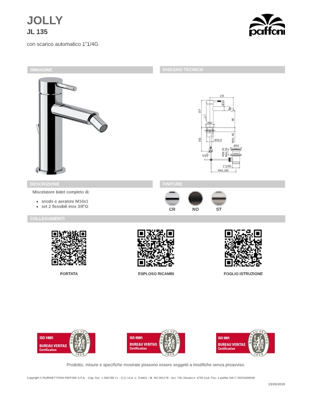 Rubinetto Miscelatore Bidet con scarico a Saltello in ottone Steel Looking spazzolato Paffoni Jolly JL135ST
