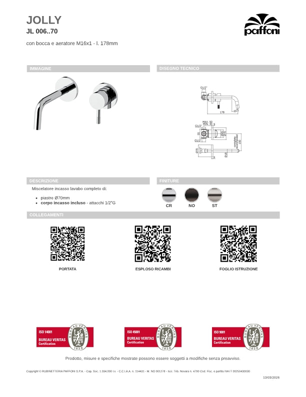 Miscelatore incasso lavabo completo di corpo incasso e bocca di erogazione da 178 mm Cromo - Paffoni JL006CR70