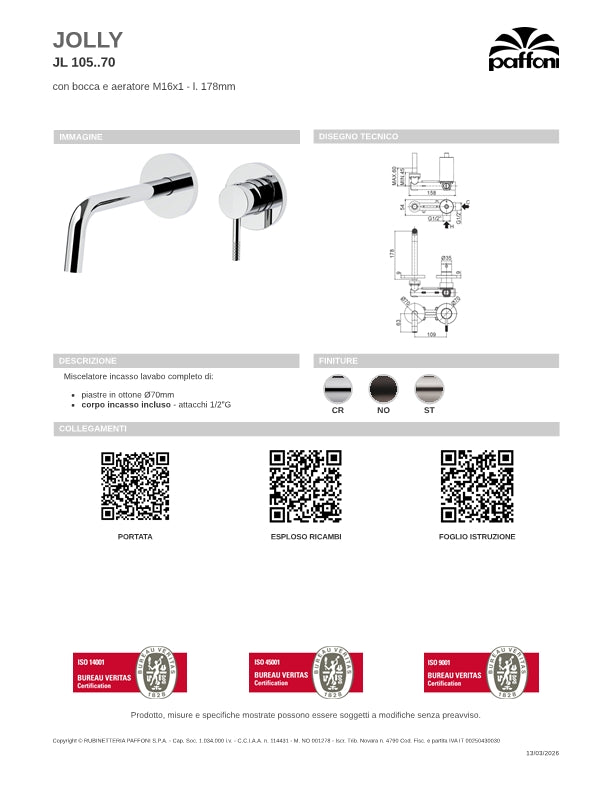 Miscelatore incasso lavabo completo di corpo incasso e bocca di erogazione da 178 mm Cromo - Paffoni JL105CR70