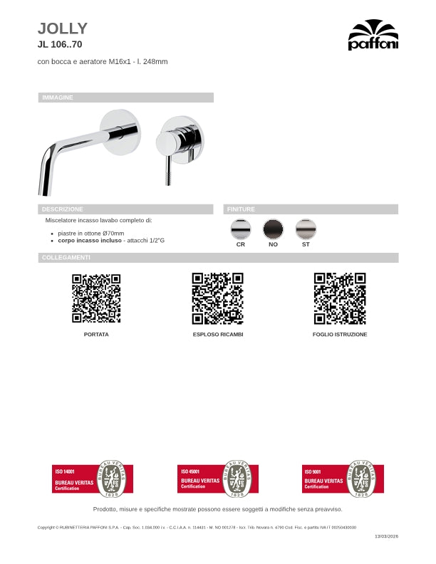 Miscelatore incasso lavabo completo di corpo incasso e bocca di erogazione da 248 mm Cromo - Paffoni JL106CR70