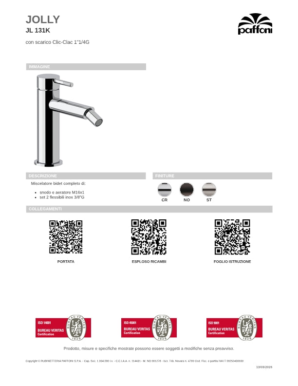 Rubinetto Miscelatore Bidet con scarico Clic-Clac in ottone Steel Looking spazzolato Paffoni Jolly JL131KST