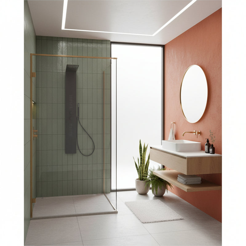 Pannello Doccia in acciaio inox verniciato nero con miscelatore a 3 vie soffione, idromassaggio, flessibile e doccetta  Jesolo