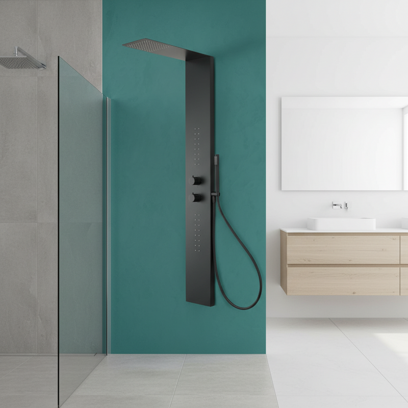 Pannello Doccia in acciaio inox verniciato nero con miscelatore a 3 vie soffione, idromassaggio, flessibile e doccetta  Jesolo