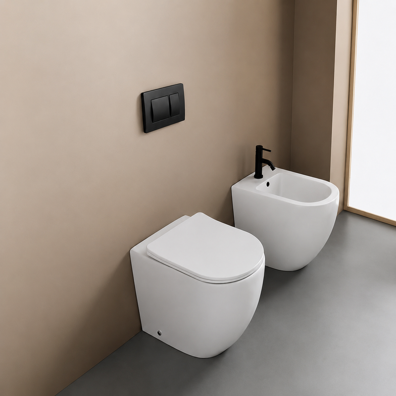 Sanitari con scarico a vortice di seconda generazione BathCore Kairos wc + bidet + sedile soft close