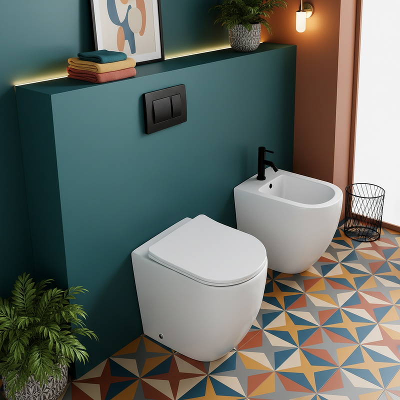 Sanitari con scarico a vortice di seconda generazione BathCore Kairos wc + bidet + sedile soft close