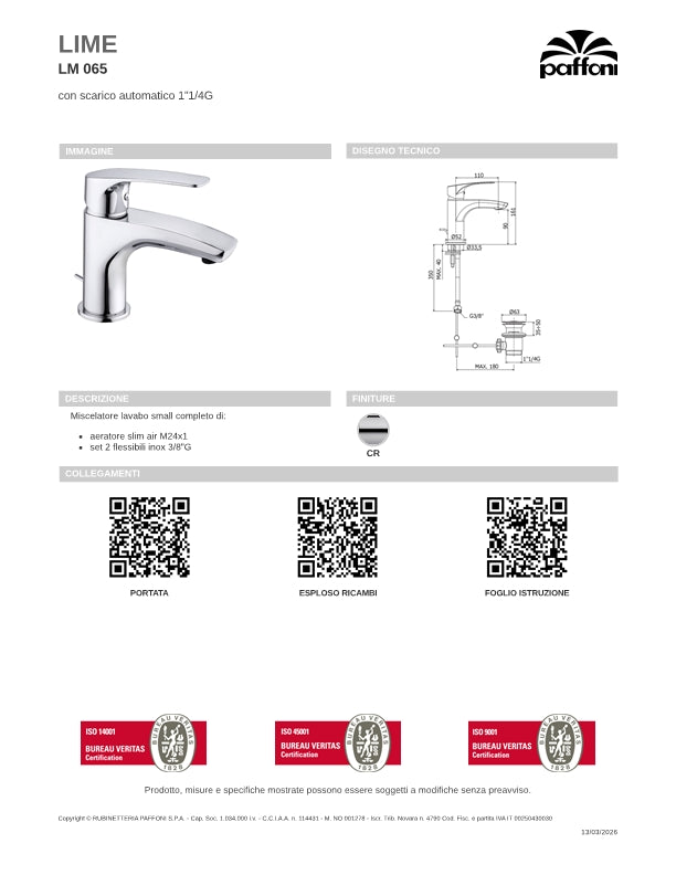 Miscelatore lavabo small cromato con scarico a saltello serie Lime - Paffoni LM065CR