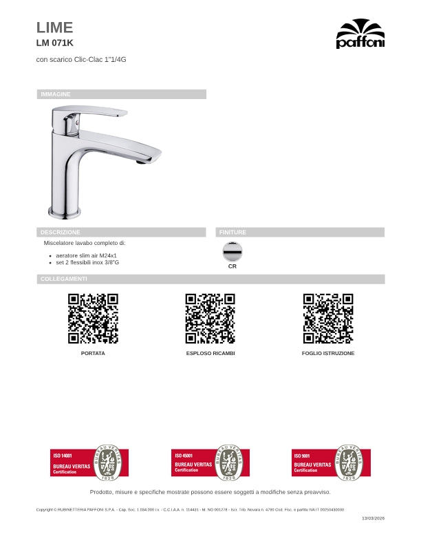 Miscelatore lavabo cromato con scarico clic-clac serie Lime - Paffoni LM071KCR