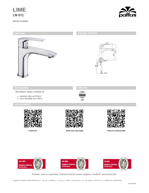 Miscelatore lavabo cromato senza scarico serie Lime - Paffoni LM071CR