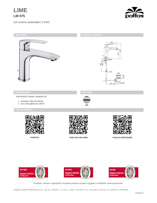 Miscelatore lavabo small cromato con scarico a saltello serie Lime - Paffoni LM075CR