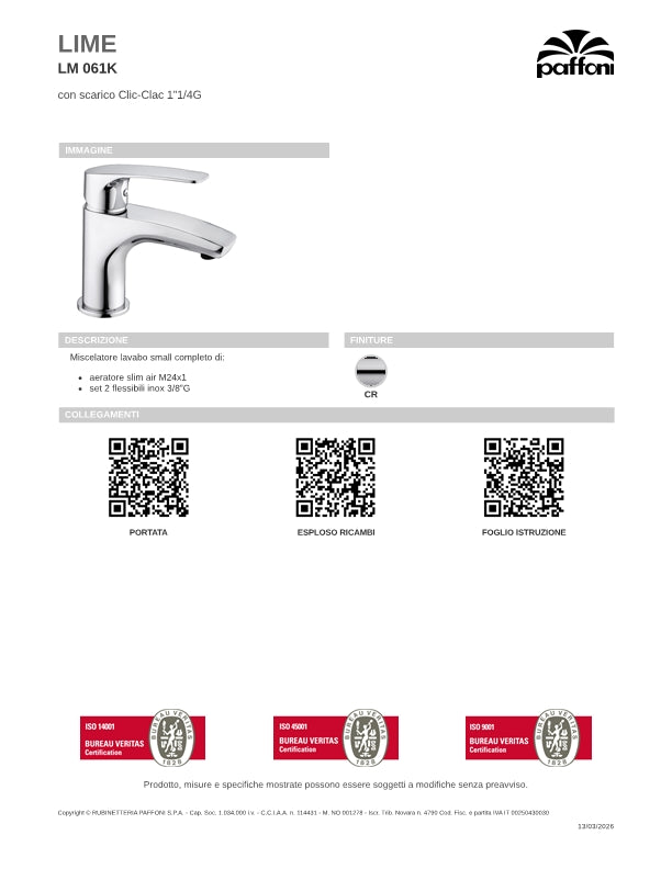 Miscelatore lavabo small cromato con scarico clic-clac serie Lime - Paffoni LM061KCR