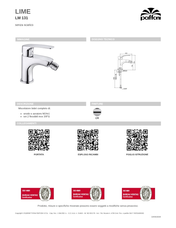 Miscelatore bidet cromato con scarico clic-clac serie Lime - Paffoni LM131KCR