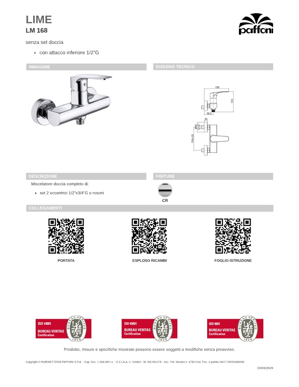 Miscelatore esterno doccia senza flessibile e doccetta serie Lime - Paffoni LM168CR