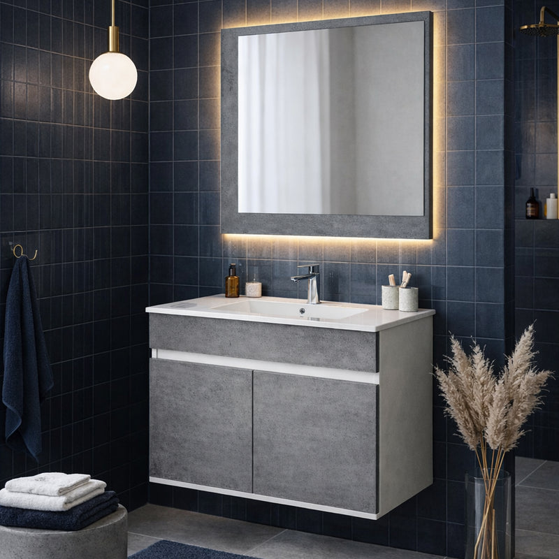 Mobile Bagno Sospeso con Consolle in Ceramica e Specchio – Collezione Linear 90 a due ante