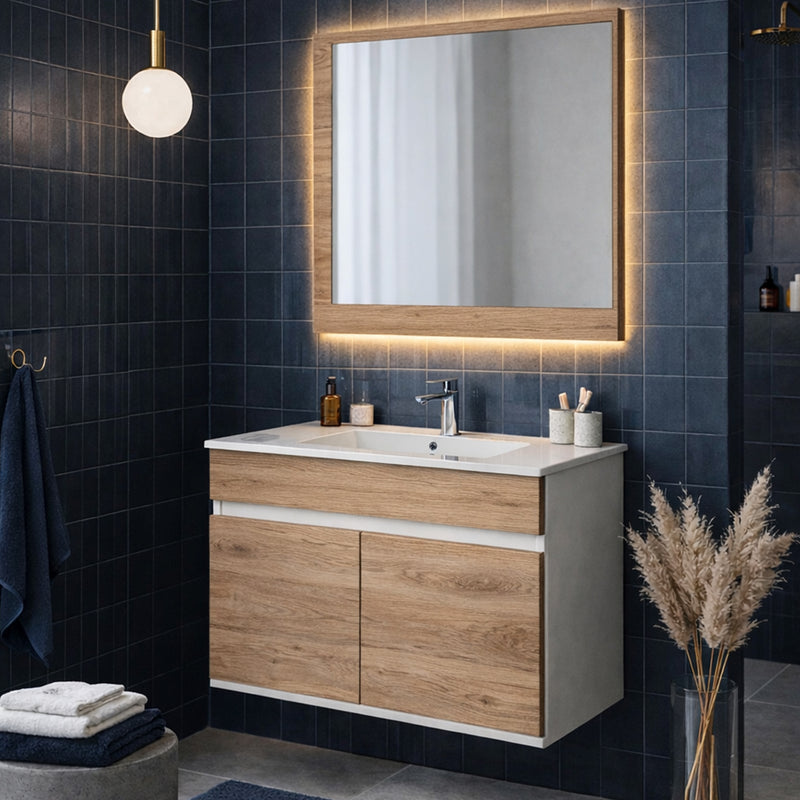 Mobile Bagno Sospeso con Consolle in Ceramica e Specchio – Collezione Linear 90 a due ante
