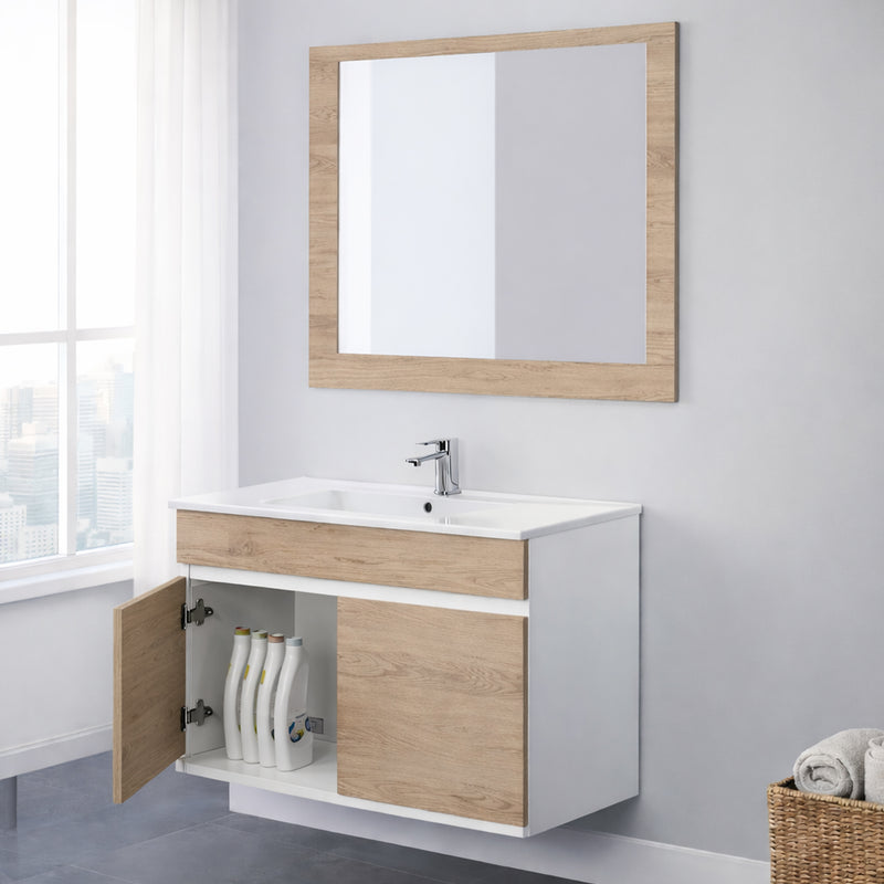Mobile Bagno Sospeso con Consolle in Ceramica e Specchio – Collezione Linear 90 a due ante
