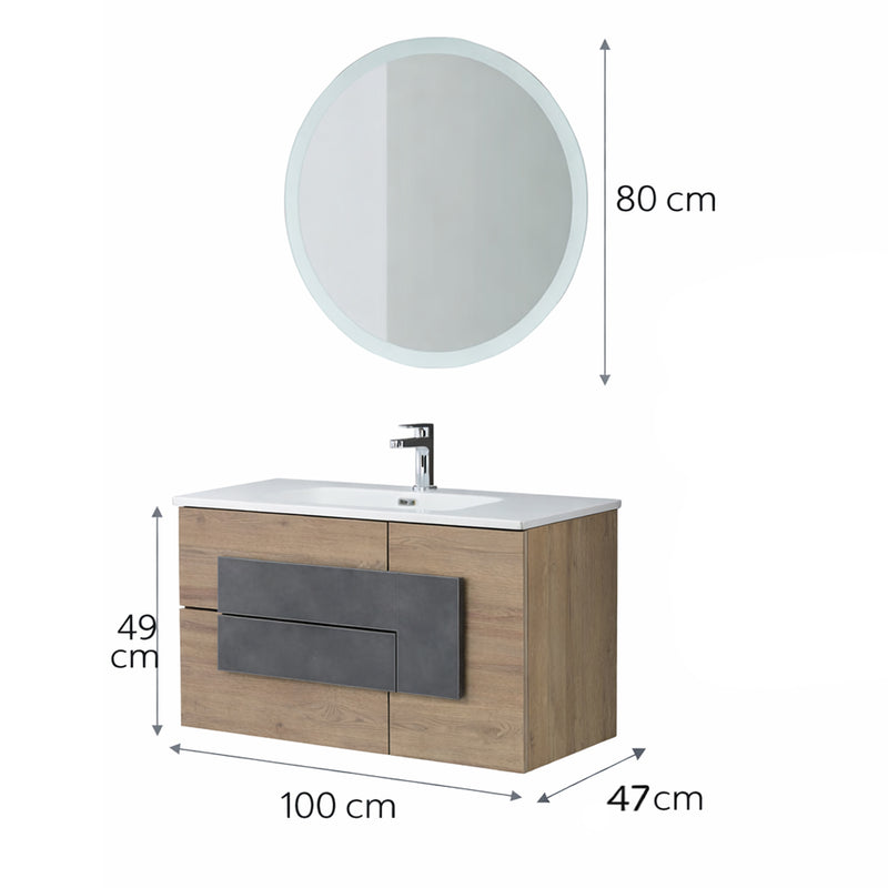 Mobile Bagno Sospeso 100 cm con Consolle in Ceramica e Specchio Tondo – Collezione Metra