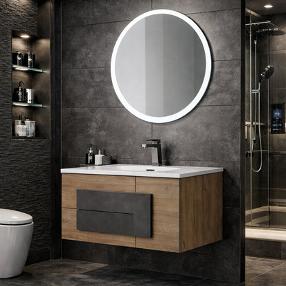Mobile Bagno Sospeso con Consolle in Ceramica e Specchio Tondo – Collezione Metra