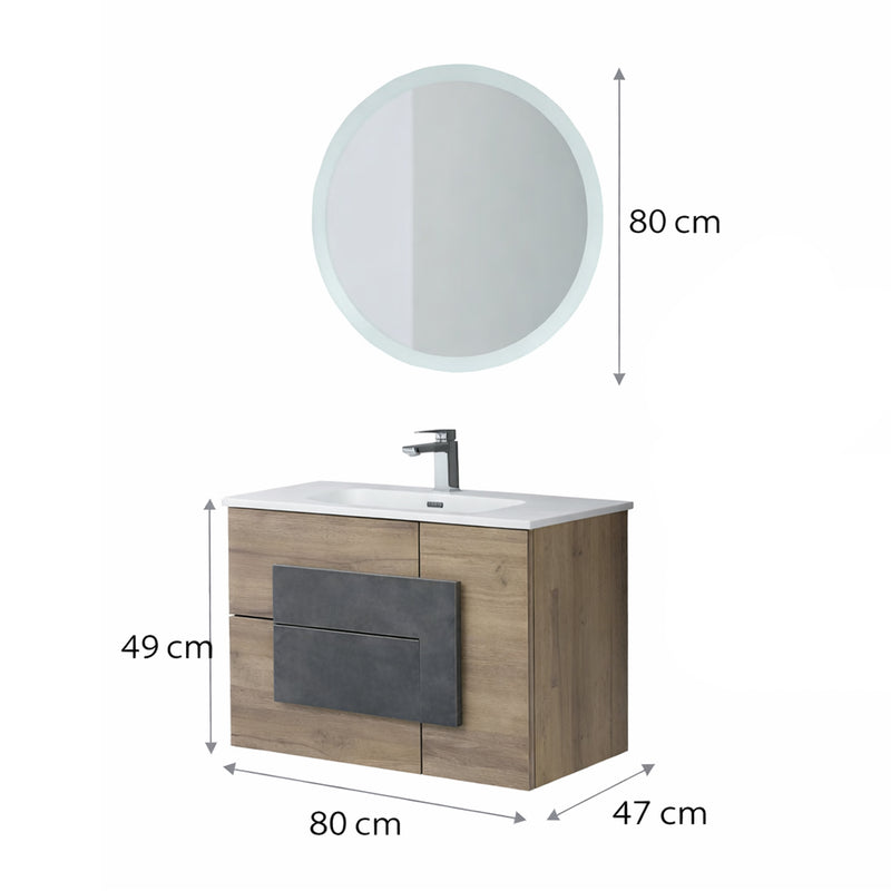 Mobile Bagno Sospeso 80 cm con Consolle in Ceramica e Specchio Tondo – Collezione Metra