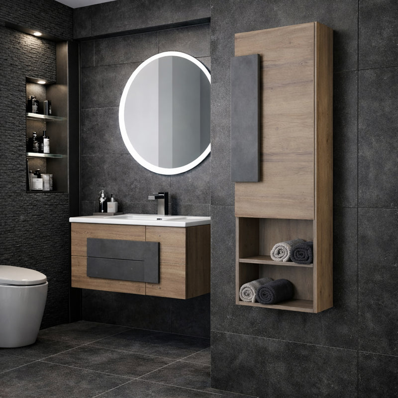 Mobile Bagno Sospeso 100 cm con Consolle in Ceramica e Specchio Tondo – Collezione Metra
