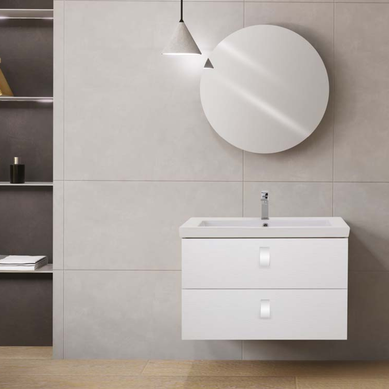 Mobile da bagno sospeso da 80 cm finitura Bianco Frassinato completo di lavabo e specchio tondo diametro 70 cm