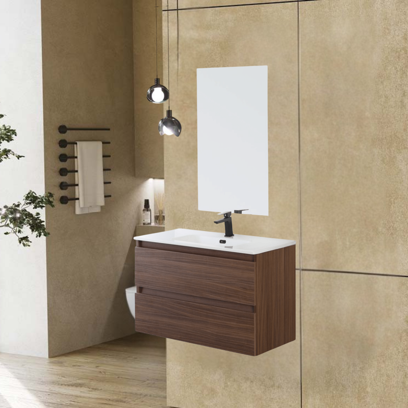 Mobile Bagno Sospeso 100 Cm Due Cassetti Specchio a Filo 80x60 Cm Finitura Noce Canaletto