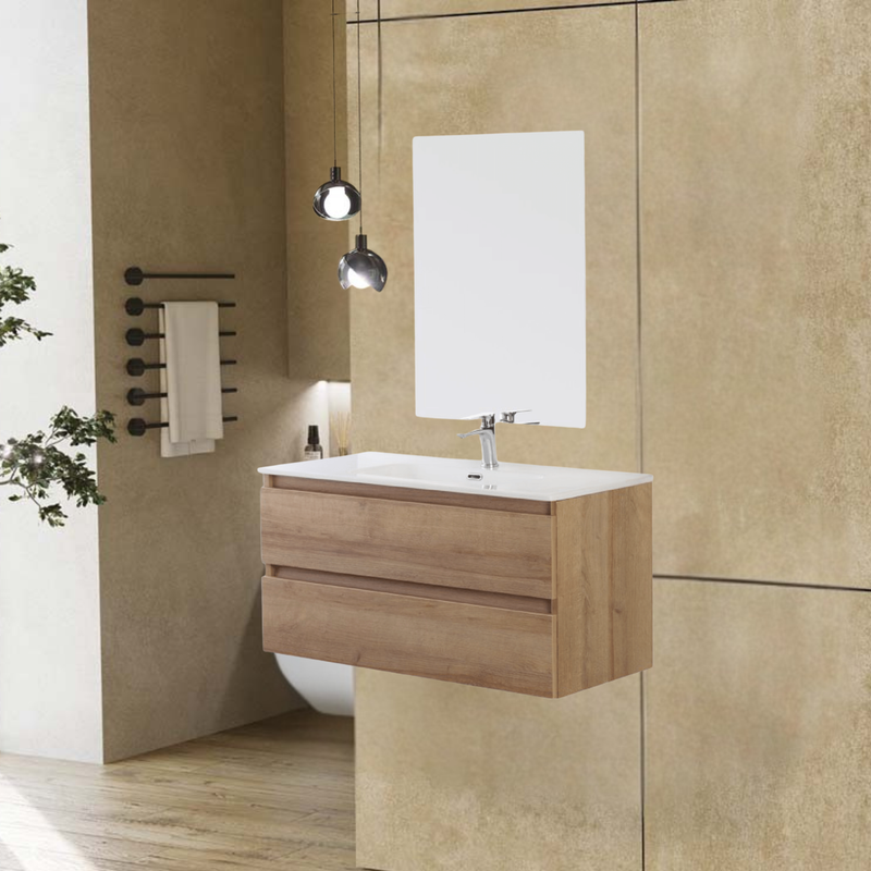 Mobile Bagno Sospeso 100 Cm Due Cassetti Specchio a Filo 80x60 Cm Finitura Rovere