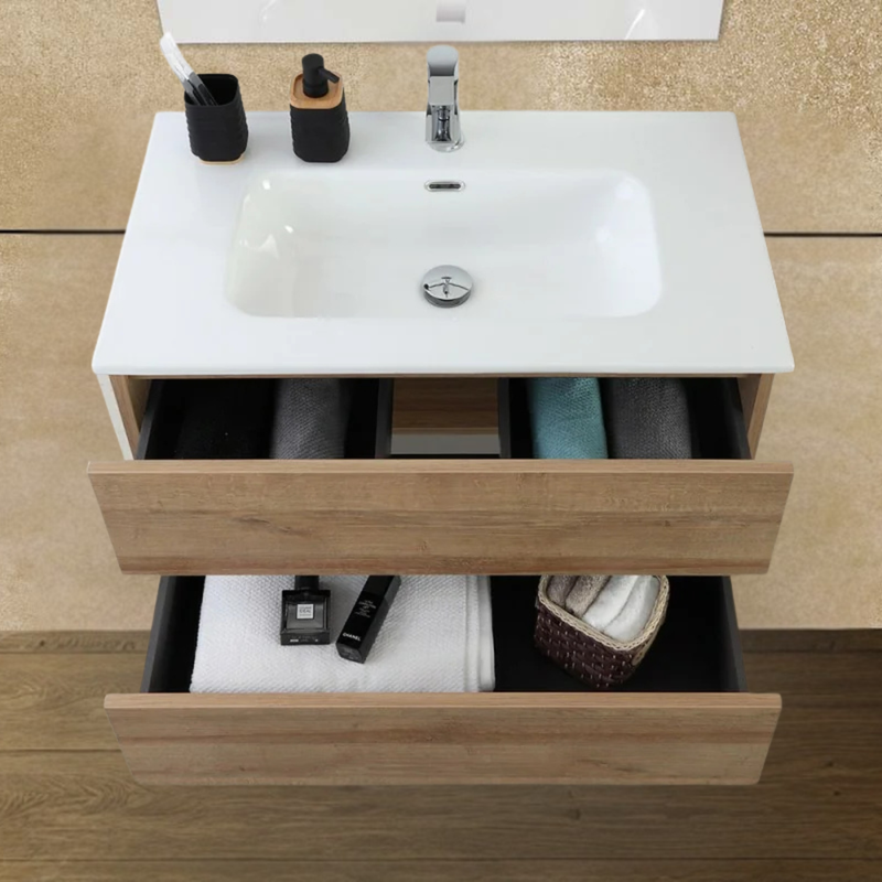 Mobile Bagno Sospeso 100 Cm Due Cassetti Specchio a Filo 80x60 Cm Finitura Rovere
