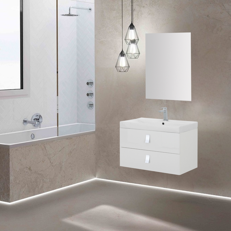 Mobile da bagno sospeso da 75 cm finitura Laccato Bianco completo di lavabo e Specchio a Filo 60x80