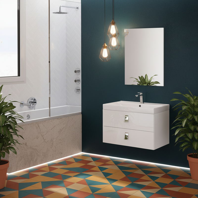 Mobile da bagno sospeso da 75 cm finitura Laccato Bianco completo di lavabo e Specchio a Filo 60x80