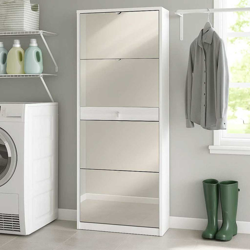 Elegante scarpiera a 4 ante + 1 Cassetto Centrale con maniglia satinata Profondità  29 cm finitura Ossido Bianco / Specchio Naturale by Sarmog