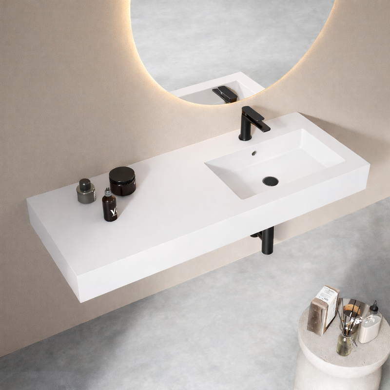 Lavabo top in mineral marmo con vasca decentrata a destra BathCore Orion 120 cm - Bianco opaco