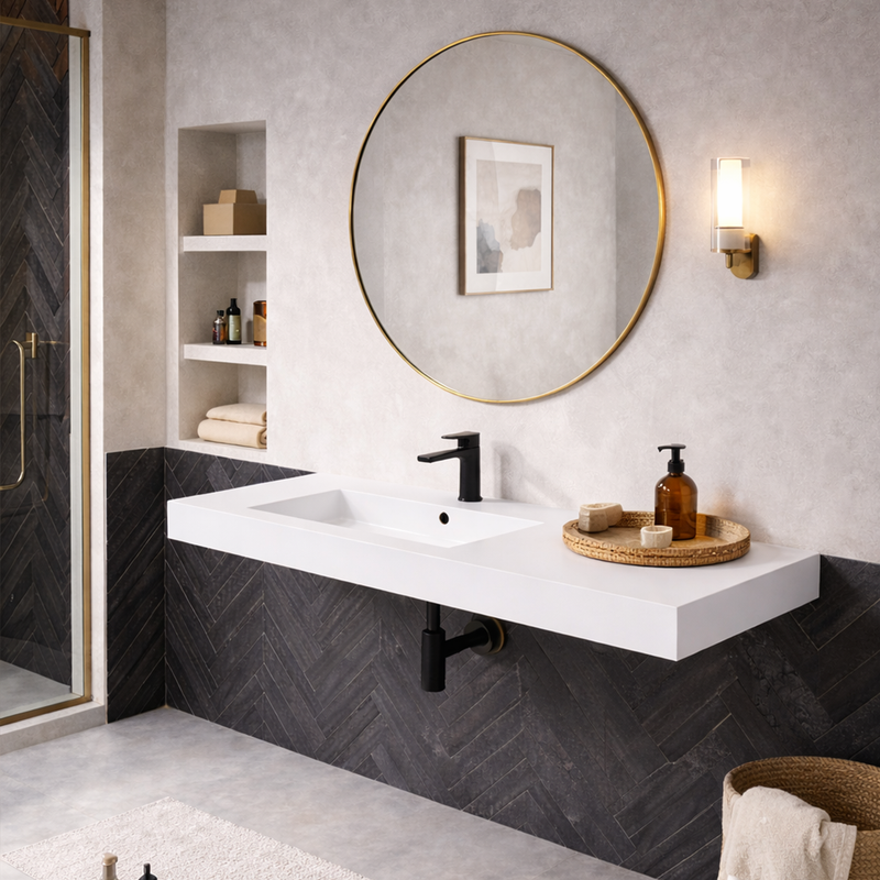 Lavabo top in mineral marmo con vasca decentrata a sinistra BathCore Orion 120 cm - Bianco opaco