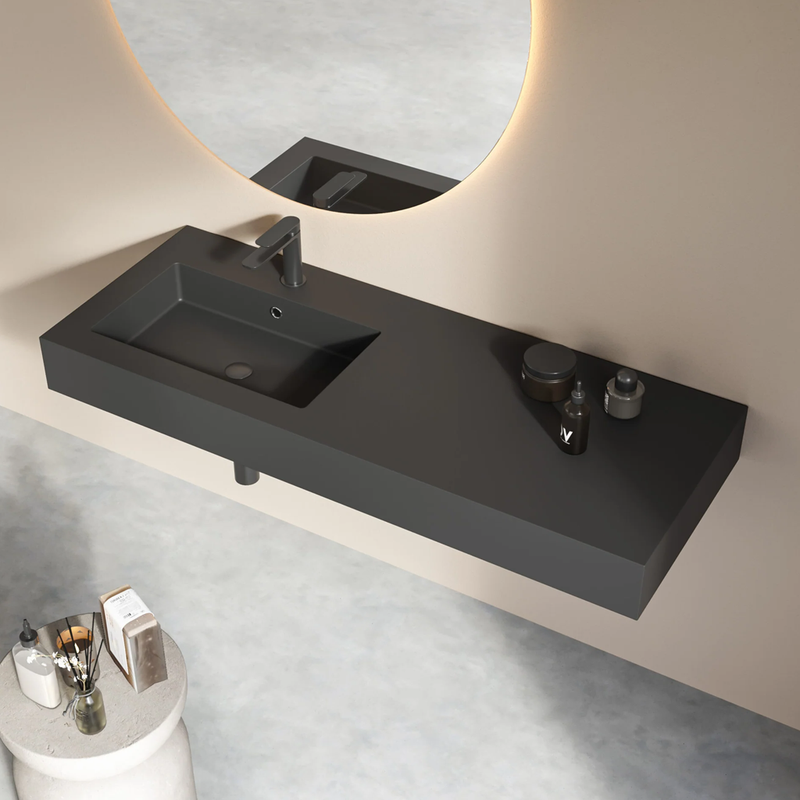 Lavabo top in mineral marmo con vasca decentrata a sinistra BathCore Orion 120 cm - Nero