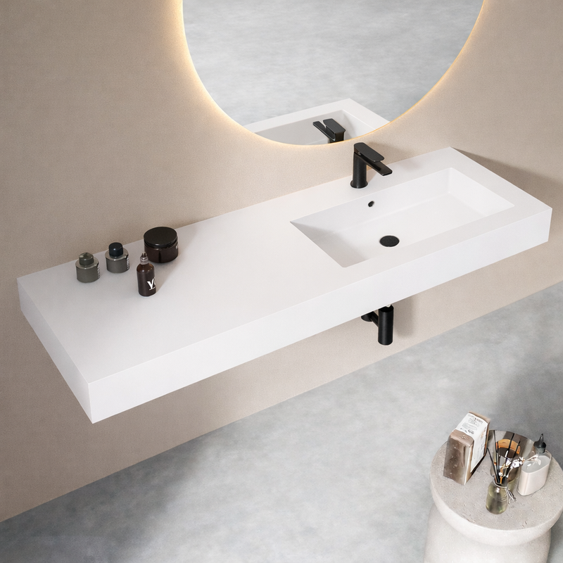 Lavabo top in mineral marmo con vasca decentrata a destra BathCore Orion 140 cm - Bianco opaco