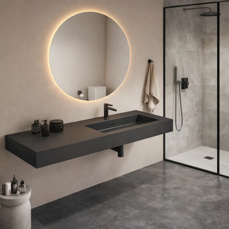 Lavabo top in mineral marmo con vasca decentrata a destra BathCore Orion 140 cm - Nero