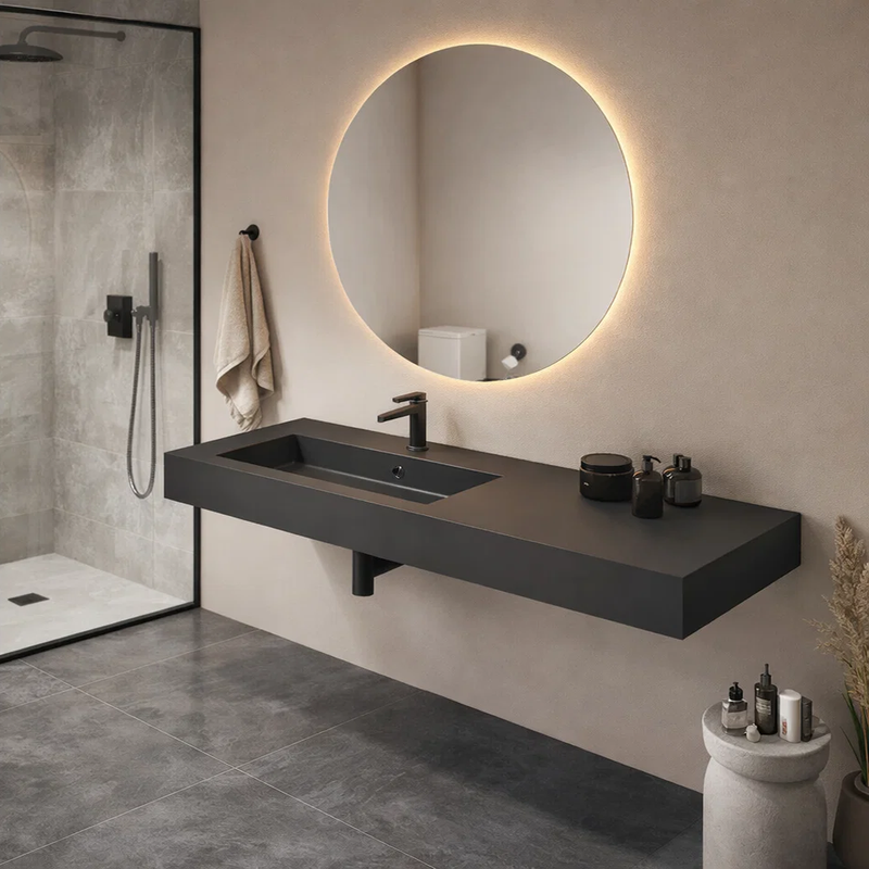 Lavabo top in mineral marmo con vasca decentrata a sinistra BathCore Orion 140 cm - Nero