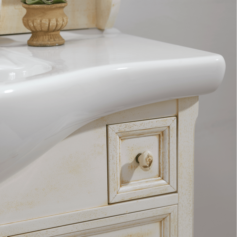 Mobile bagno Provence 105 cm stile shabby chic con lavabo, specchio e pensile - Bianco Decapè
