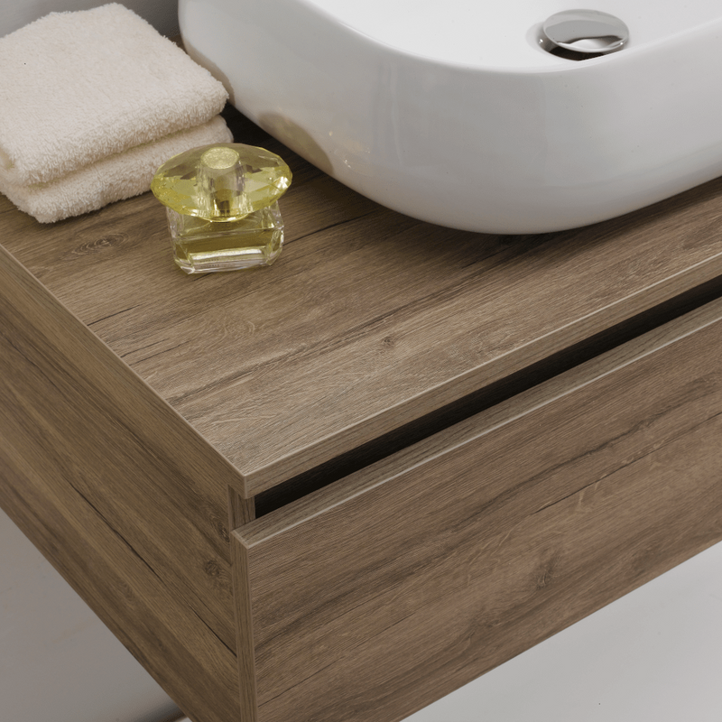 Mobile bagno sospeso Semplicity 90 cm con lavabo a ciotola e specchio LED - Olmo Sabbia