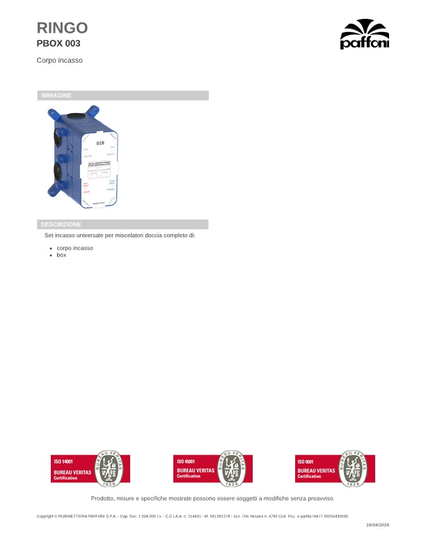 Box Incasso universale per miscelatori doccia incasso a 2 vie Paffoni PBOX003