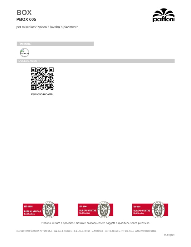 Box Incasso universale per miscelatori vasca e lavabo incasso a pavimento Paffoni PBOX005