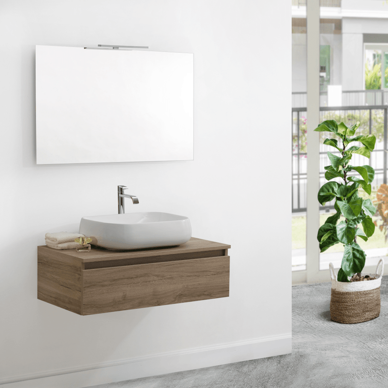 Mobile bagno sospeso Semplicity 90 cm con lavabo a ciotola e specchio LED - Olmo Sabbia