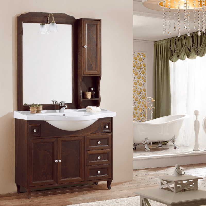 Mobile bagno Giulietta 105 cm stile shabby chic con lavabo, specchio e pensile - Noce