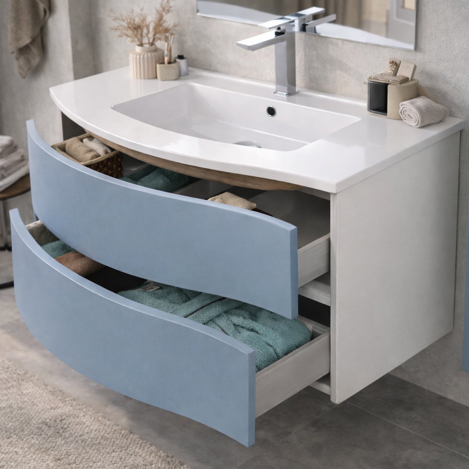 Mobile Bagno Sospeso Curvo con Lavabo e Specchio – Collezione Rìvola