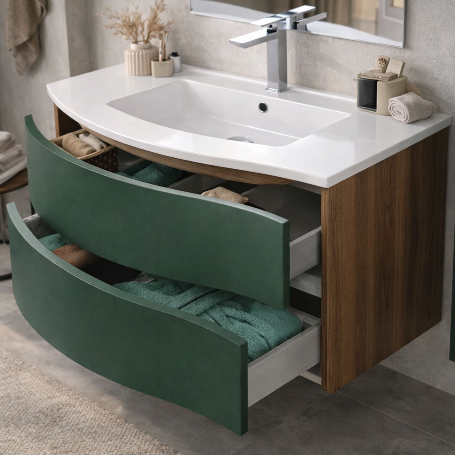 Mobile Bagno Sospeso Curvo con Lavabo e Specchio – Collezione Rìvola
