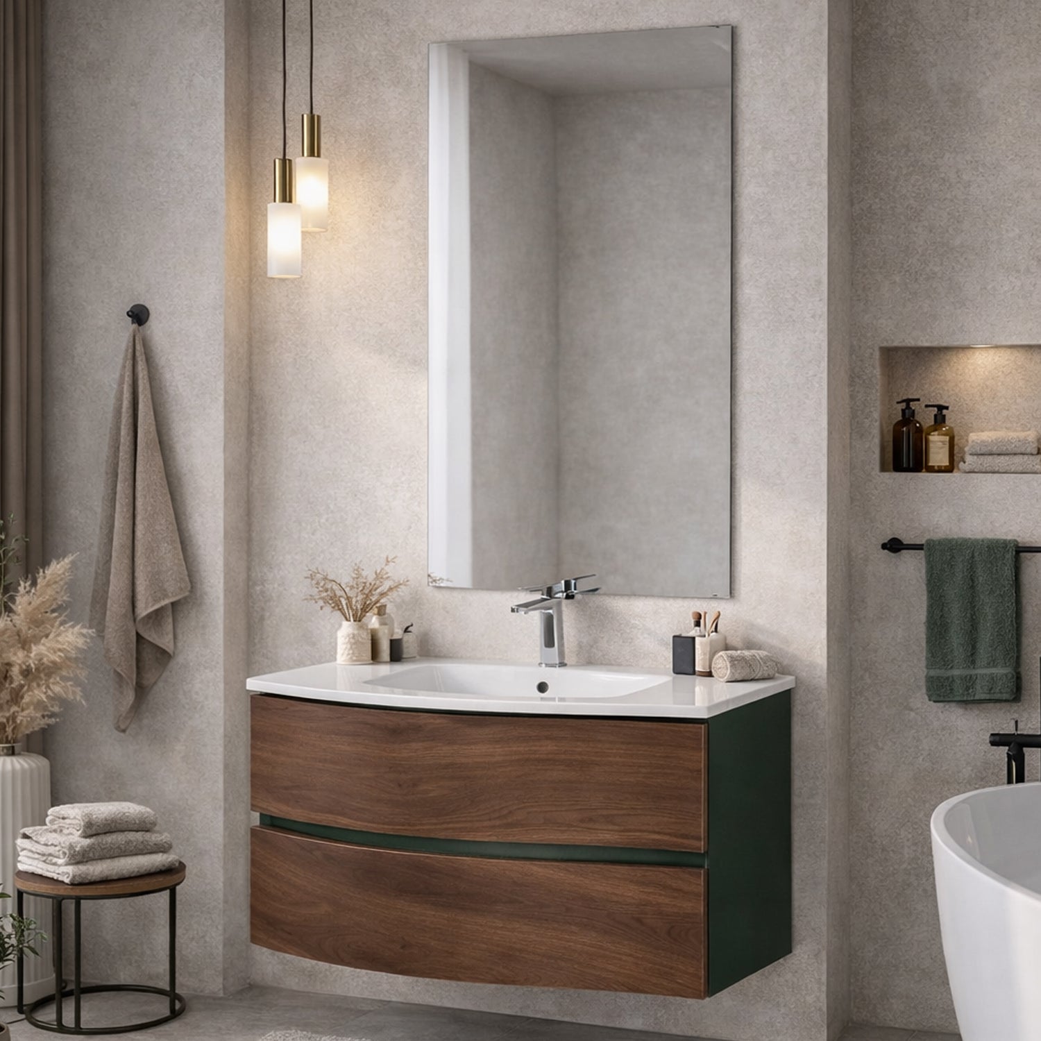 Mobile Bagno Sospeso Curvo con Lavabo e Specchio – Collezione Rìvola