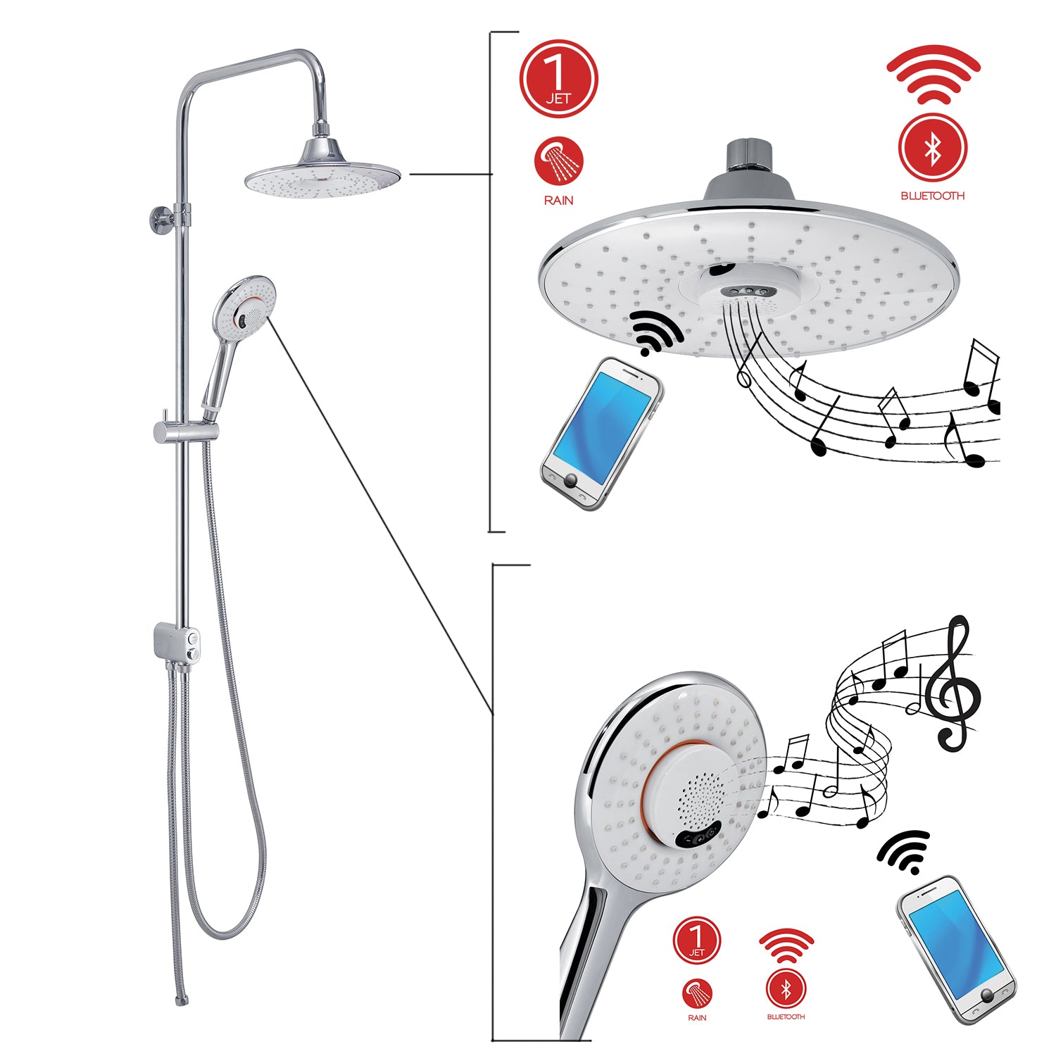 Colonna doccia estensibile con doccetta con diffusore musica Bluetooth di Gedy modello Music 00 - Cromato/Bianco by CeramicStore | Lo specialista del tuo bagno