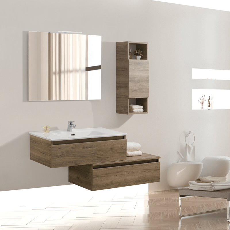 Mobile bagno sospeso Cielo 90 cm con doppia base, pensile e specchio con lampada LED - Olmo Sabbia