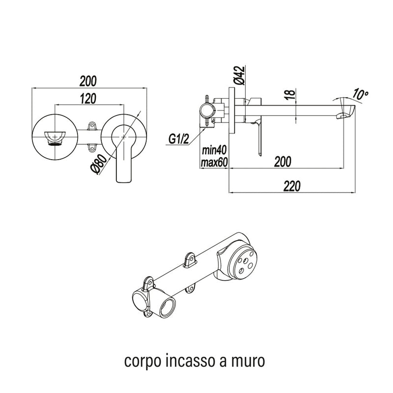 Miscelatore monocomando lavabo a muro RubiFlux serie Zea canna 20 cm - Cromo